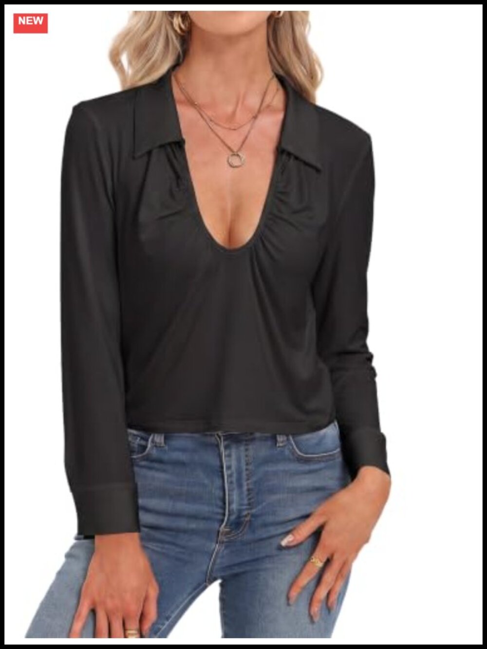 Women's Long Sleeve V Neck Keyhole Ruched Crop Top with Collar
